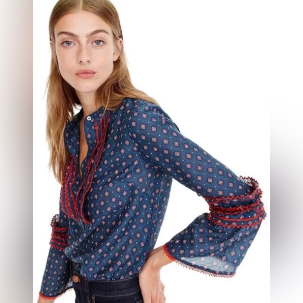 J.Crew Boho Blue  Bell Sleeve Ruffle Blouse